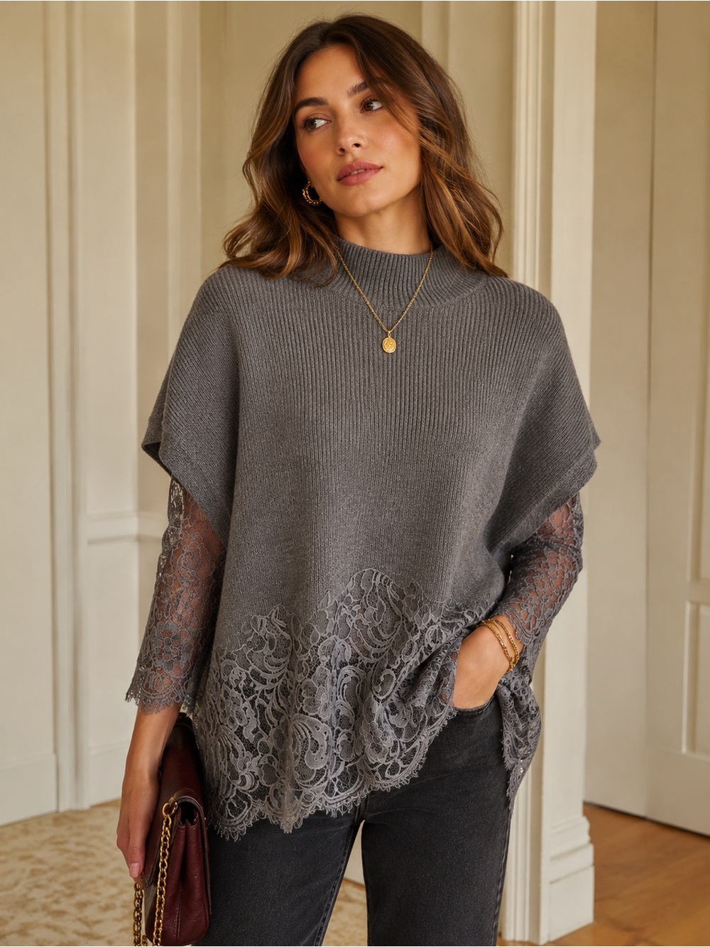 Elegant Knit Tunic With Lace